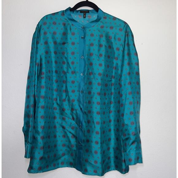 ESCADA Shirt EU Size 44 Turquoise Blue Paisley Circles Silk Blouse Top VINTAGE - Picture 1 of 15